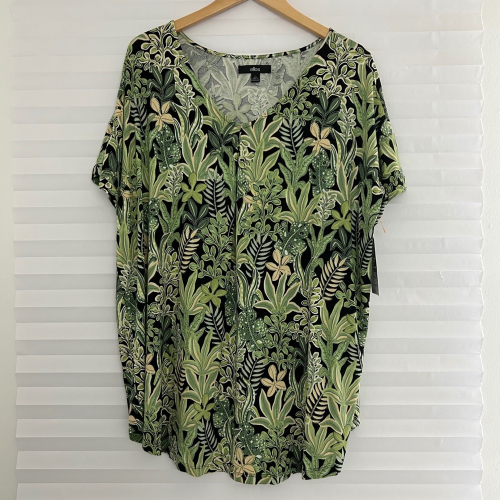 Ellos Womens Large 18/20 Tropical Botanical Print V-Neck Tunic Top Green Black